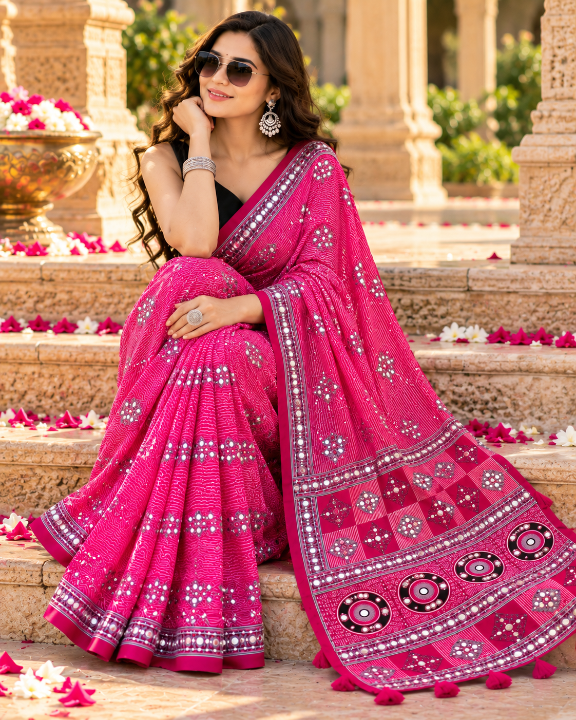 Premium Satin Silk Printed Saree With Unstitched Blouse(Rani)