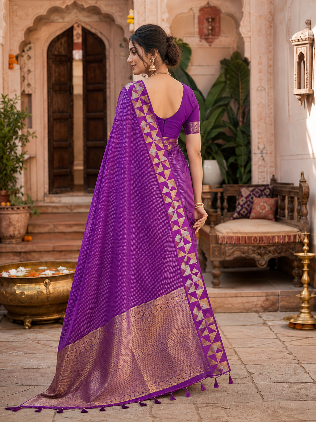 Premium Art Silk Zari Triangle Border Saree With Unstitched Blouse(Purple)