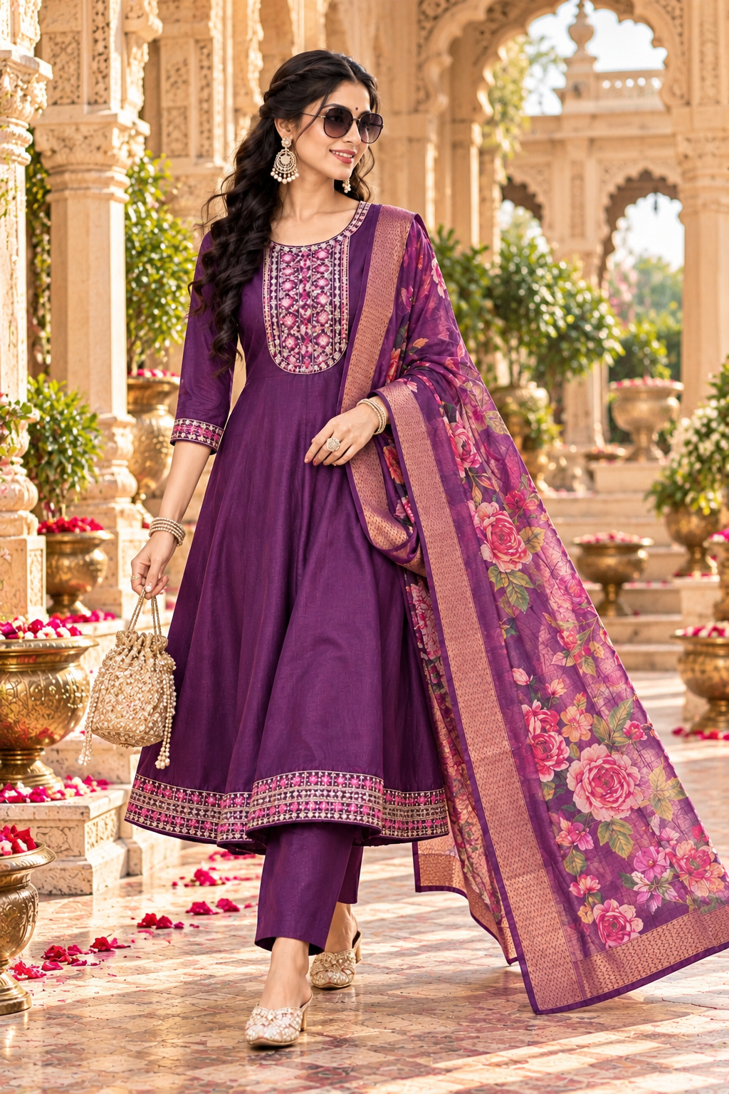 Cotton Embroidery Work Kurti Pant Set With Dupatta(Purple)