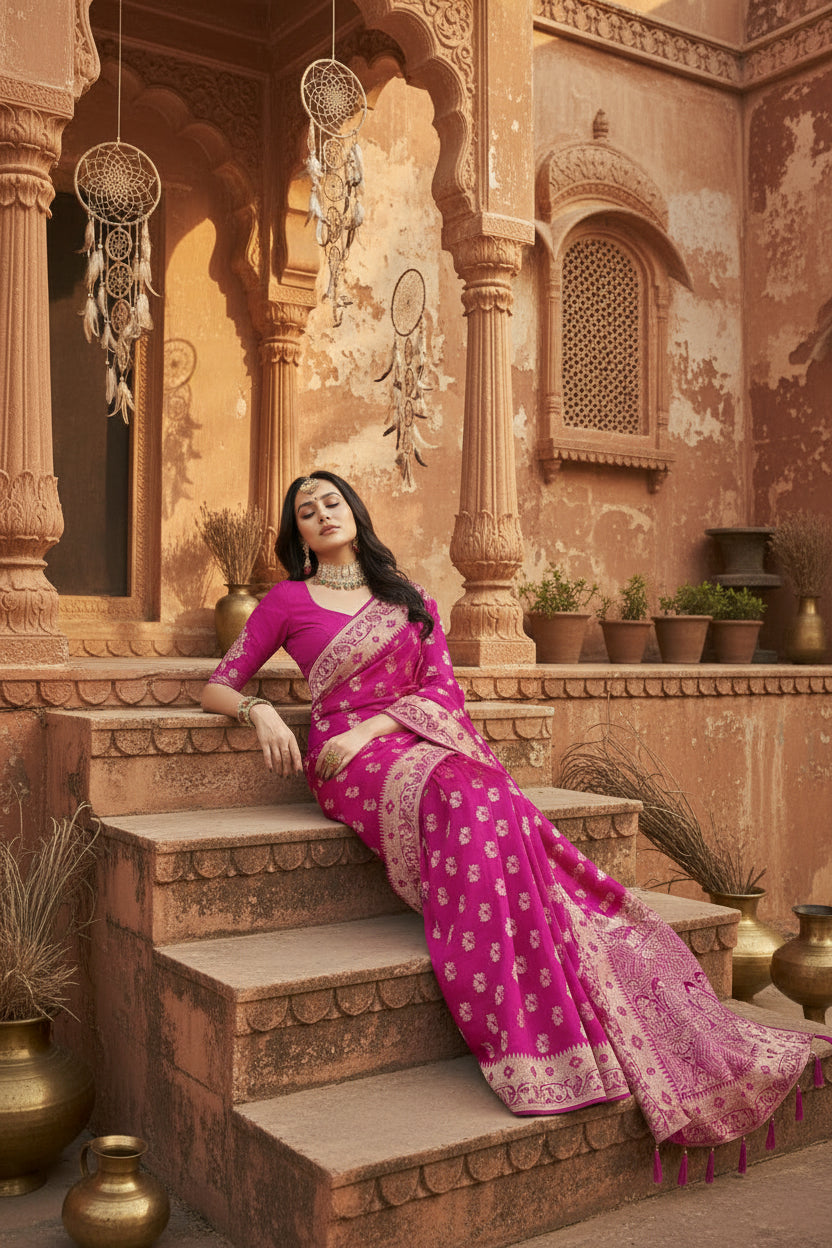 Women's satin printed saree with unstitched blouse 5