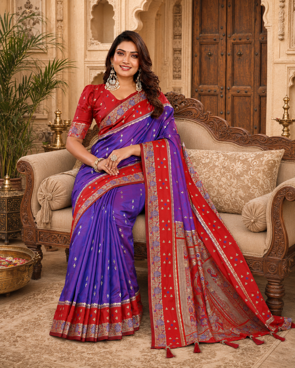 Pure Handloom Kalamkari Silk Zari Woven Borders Saree With Unstitched Blouse(Purple)