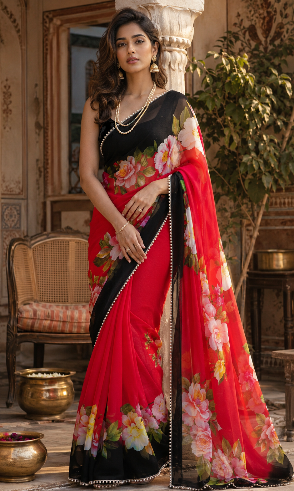 Soft Georgette Digital Print Saree With Unstitched Blouse(Red)