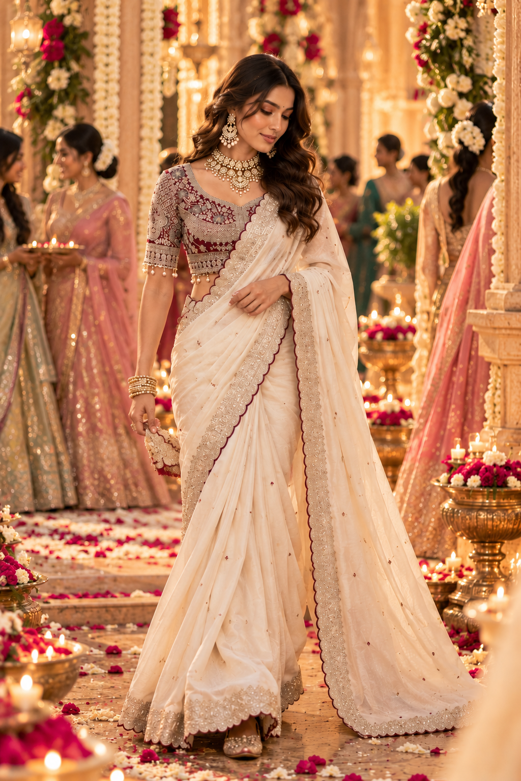 Rangoli Silk Embroidery Work Saree With Unstitched Blouse(White)