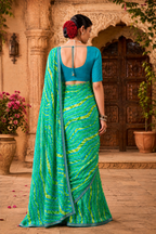 Premium Georgette Bandhani Work Saree With Unstitched Blouse(Green)
