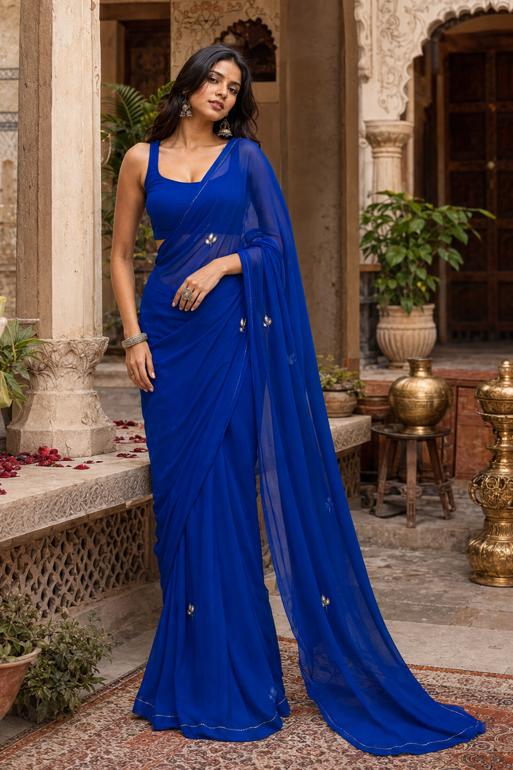 Exclusive  Georgette Handwork Saree With Unstitched Blouse(Blue)