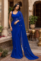 Exclusive  Georgette Handwork Saree With Unstitched Blouse(Blue)
