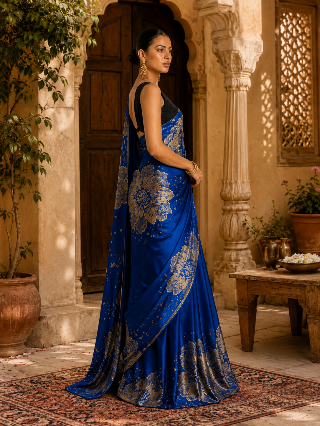 Japan Satin Printed Saree With Unstitched Blouse(Blue)