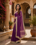 Georgette Lace Border Saree With Unstitched Blouse(Puple)