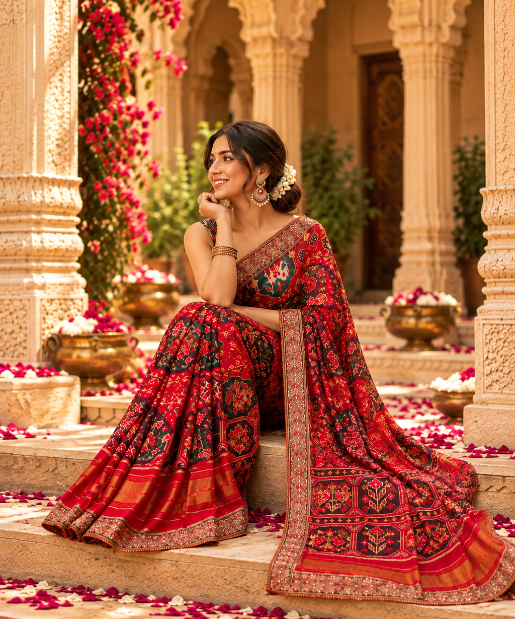 Chiffon Silk Mirror Work Saree With Unstitched Blouse(Red)