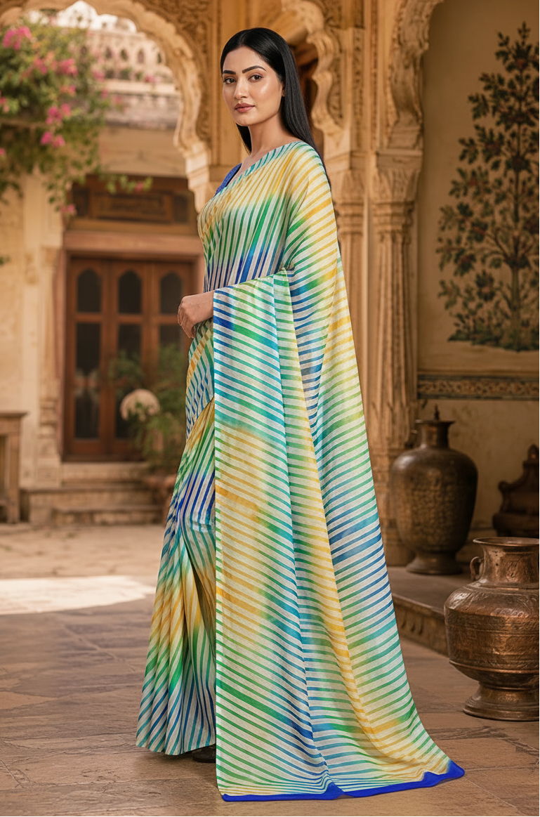 Premium Satin Silk Printed Saree With Unstitched Blouse(Multicolor)
