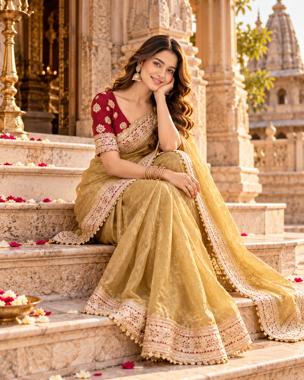 Pure Mocha Silk Sequin Work Saree With Unstitched Blouse(Mustard)