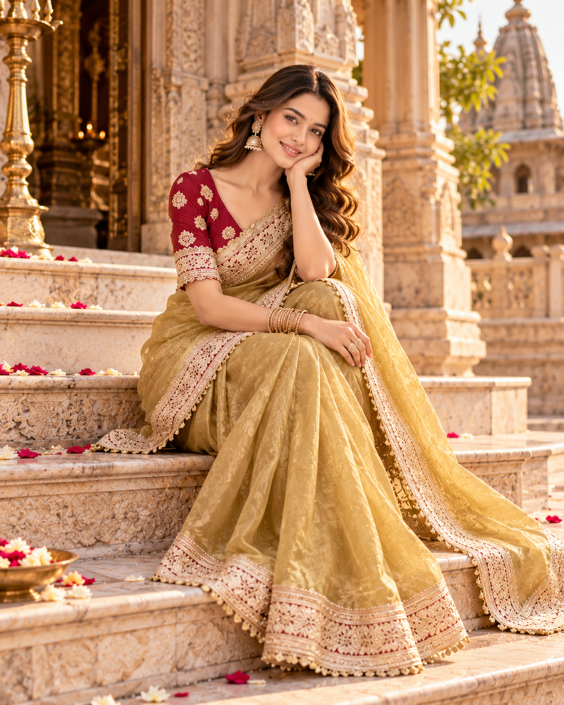 Pure Mocha Silk Sequin Work Saree With Unstitched Blouse(Mustard)