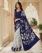 Satin Silk Printed Saree With Unstitched Blouse(Blue)
