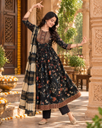 Cotton Kurti Pant Set With Dupatta(Black Currant)