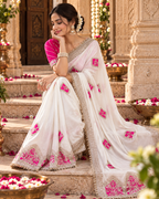 Pure Crepe Silk Lehriya Print Saree With Unstitched Blouse(White)