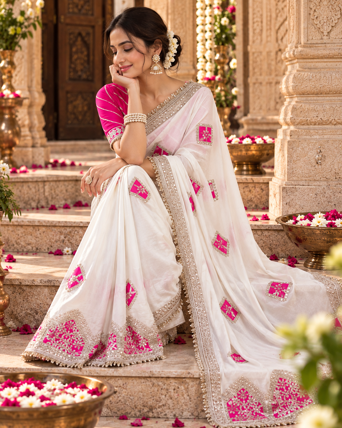 Pure Crepe Silk Lehriya Print Saree With Unstitched Blouse(White)