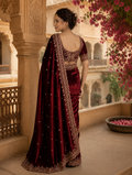 Satin Silk Embroidery Work Saree With Unstitched Blouse(Wine)