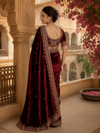 Satin Silk Embroidery Work Saree With Unstitched Blouse(Wine)