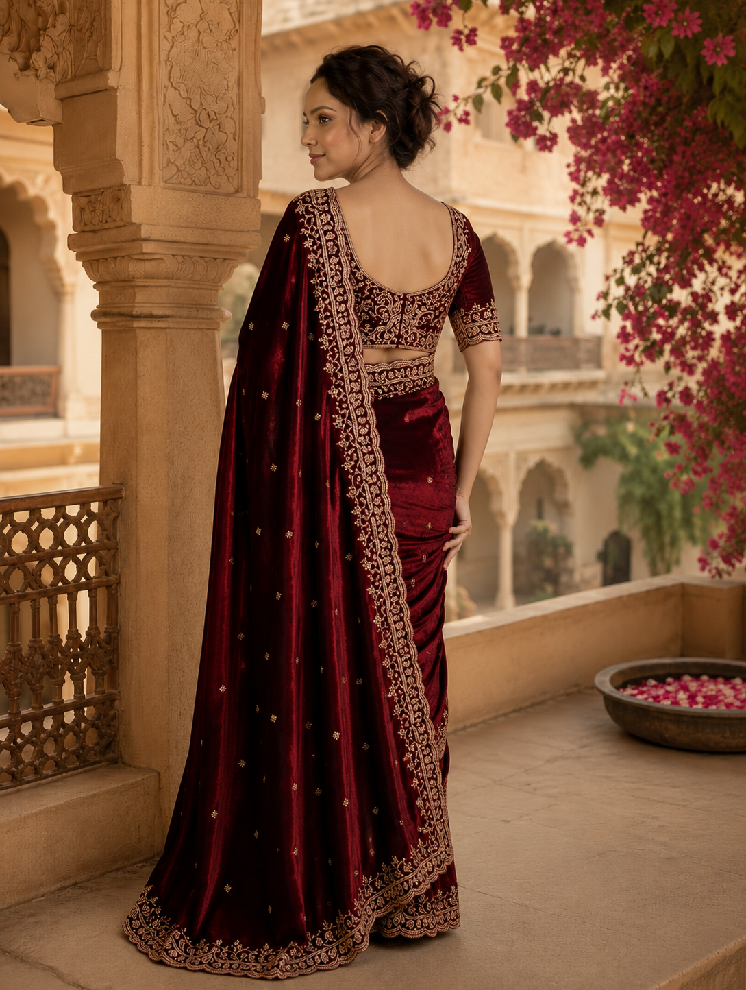 Satin Silk Embroidery Work Saree With Unstitched Blouse(Wine)