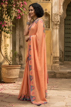 Linen Digital Print Saree With Unstitched Blouse(Orange)