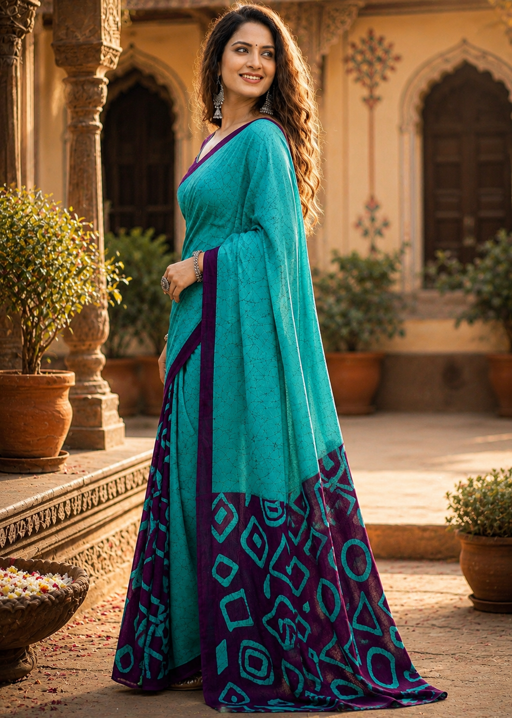 Mulmul Cotton Block Print Saree With Unstitched Blouse(Blue)