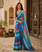 Cotton Printed Saree With Unstitched Blouse(Blue)