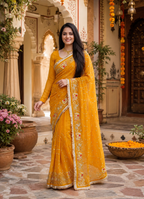 Georgette Sequins Work Saree With Unstitched Blouse(Yellow)