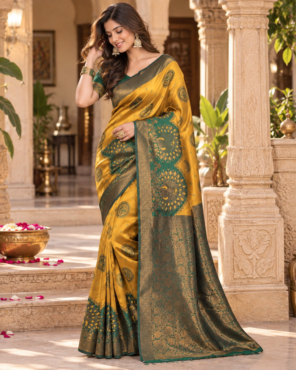 Banarasi Zari Weaving Saree With Unstitched Blouse(Yellow)