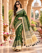 Handloom Silk Zari Border Work Saree With Unstitched Blouse(Green)