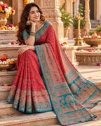 Gajji Silk Ajrakh Printed Saree With Unstitched Blouse(Red)