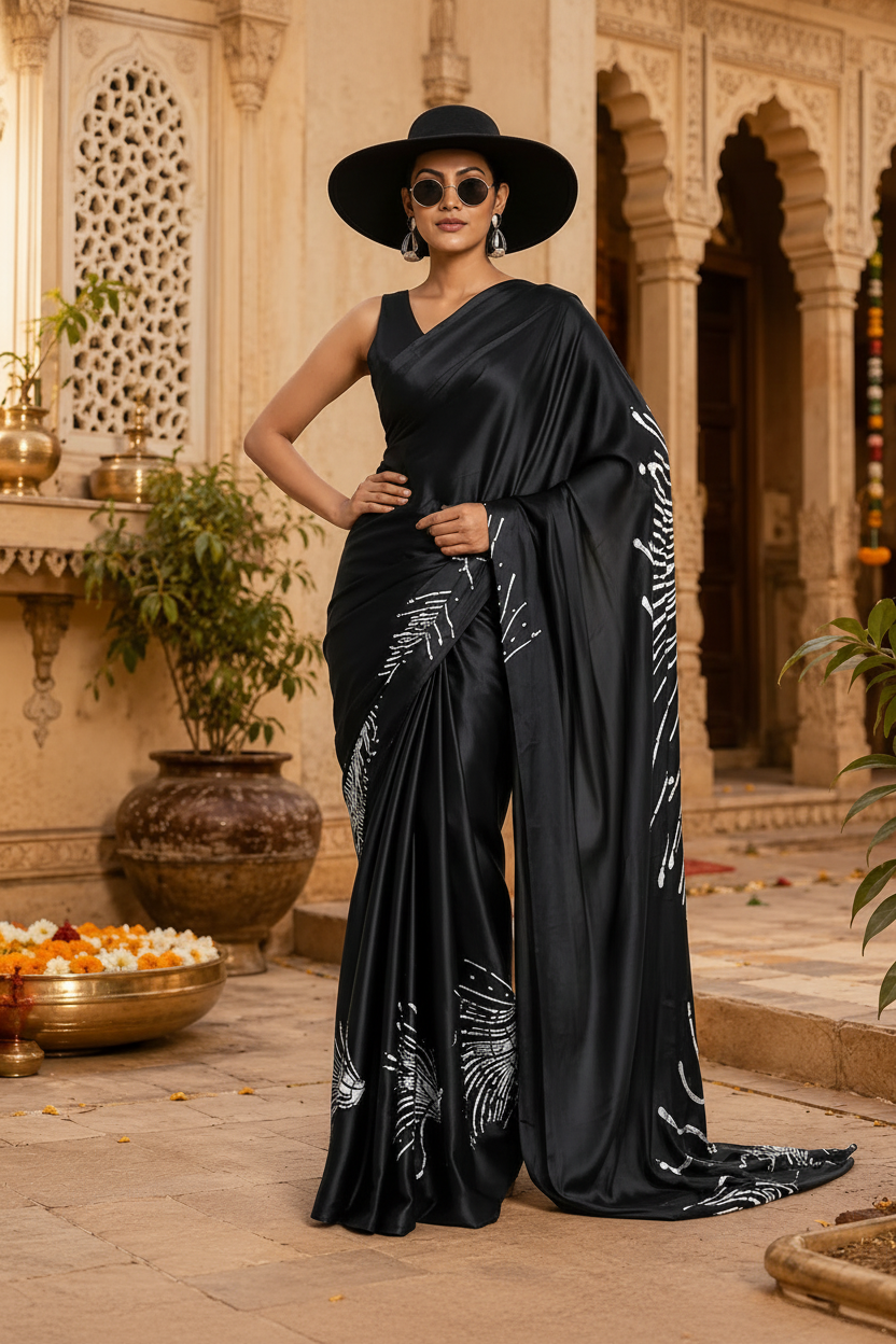 Japan Satin Printed Saree With Unstitched Blouse(Black)
