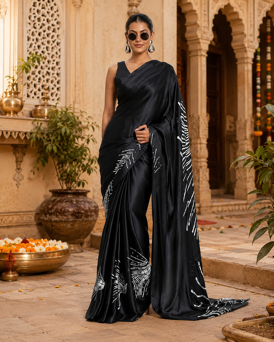 Japan Satin Printed Saree With Unstitched Blouse(Black)