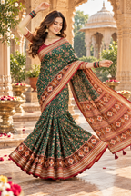 Pure Silk Patola Art Saree With Unstitched Blouse(Green)