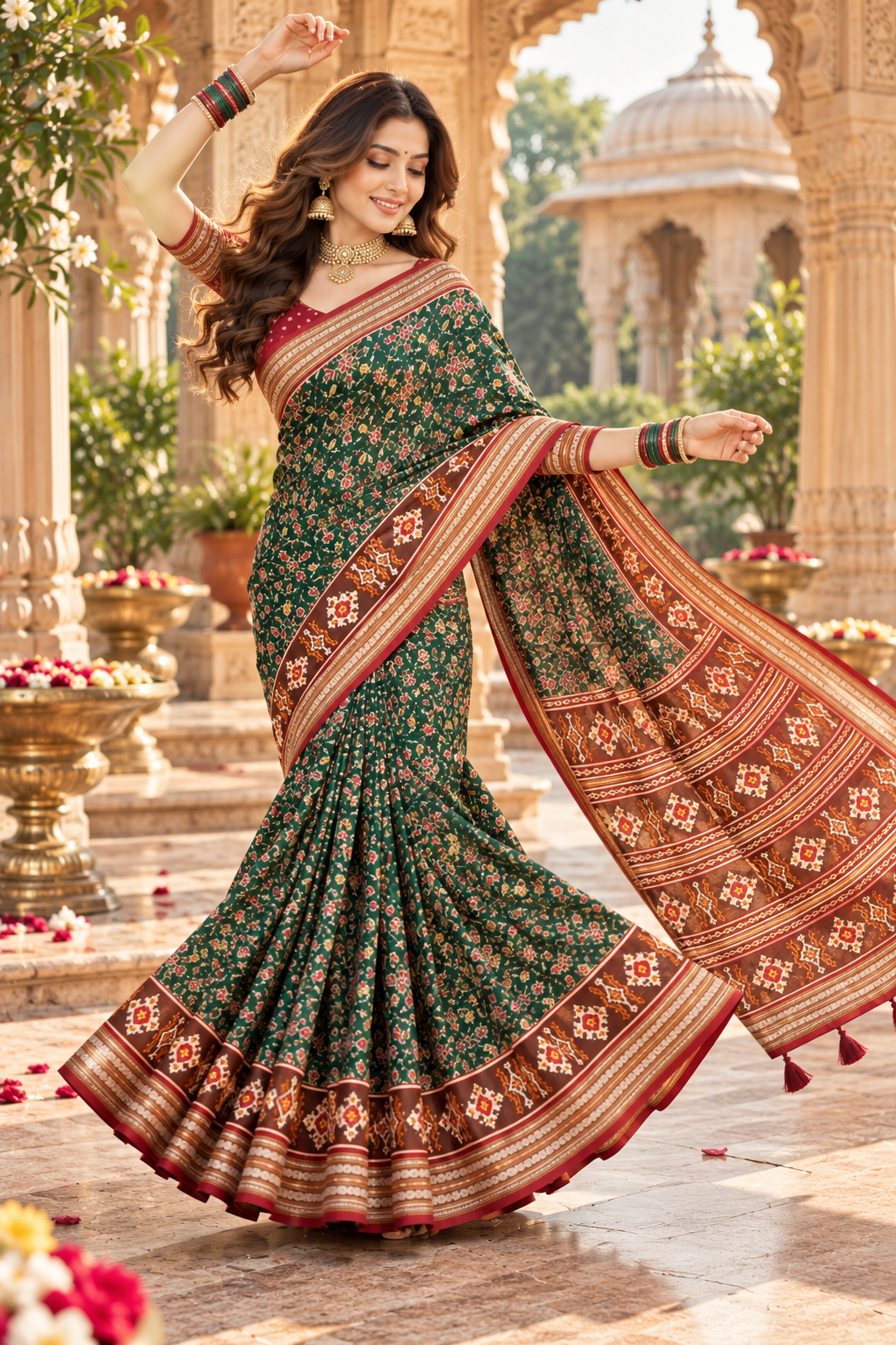 Pure Silk Patola Art Saree With Unstitched Blouse(Green)