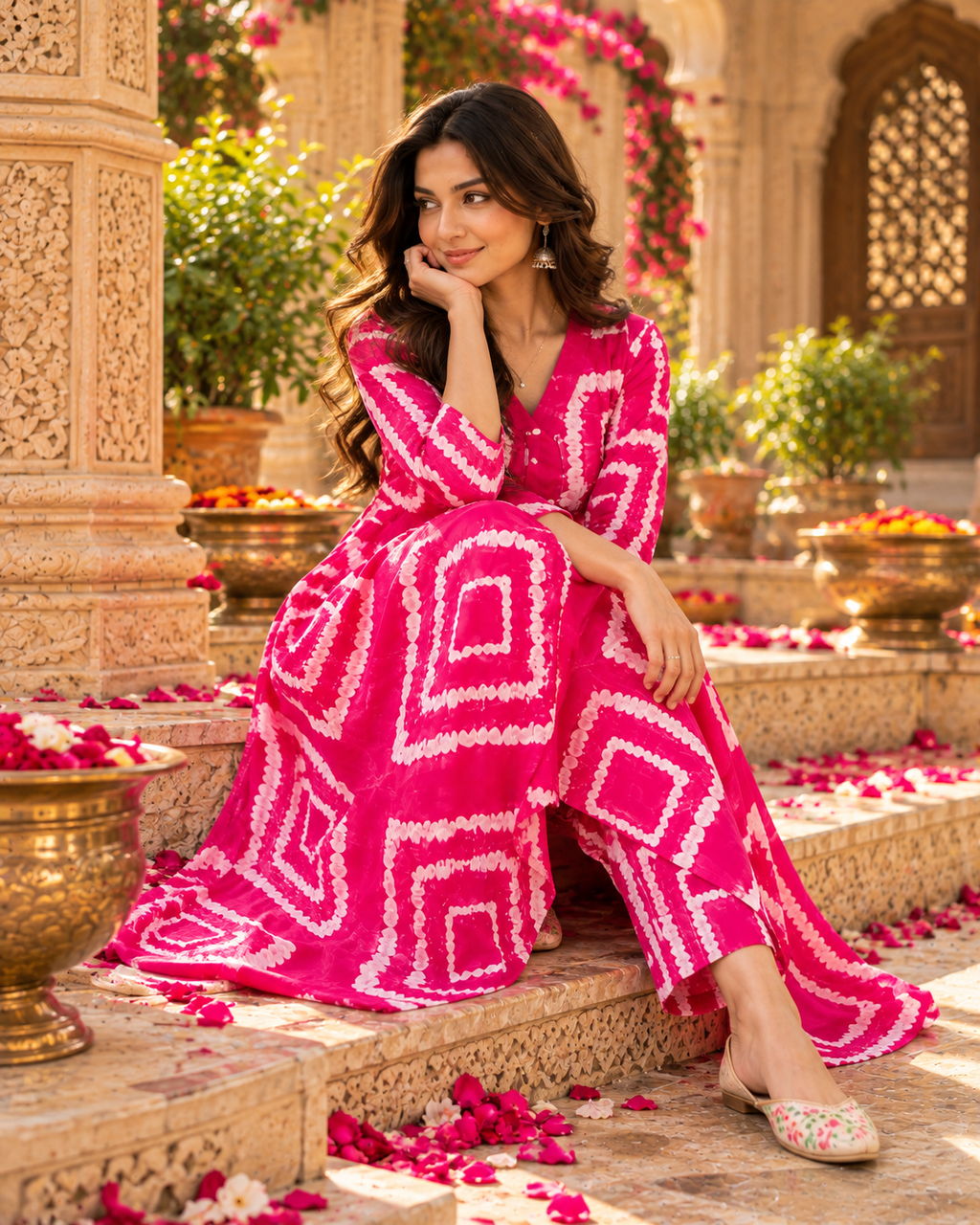 Rayon Kurti Pant Printed Set(Pink)
