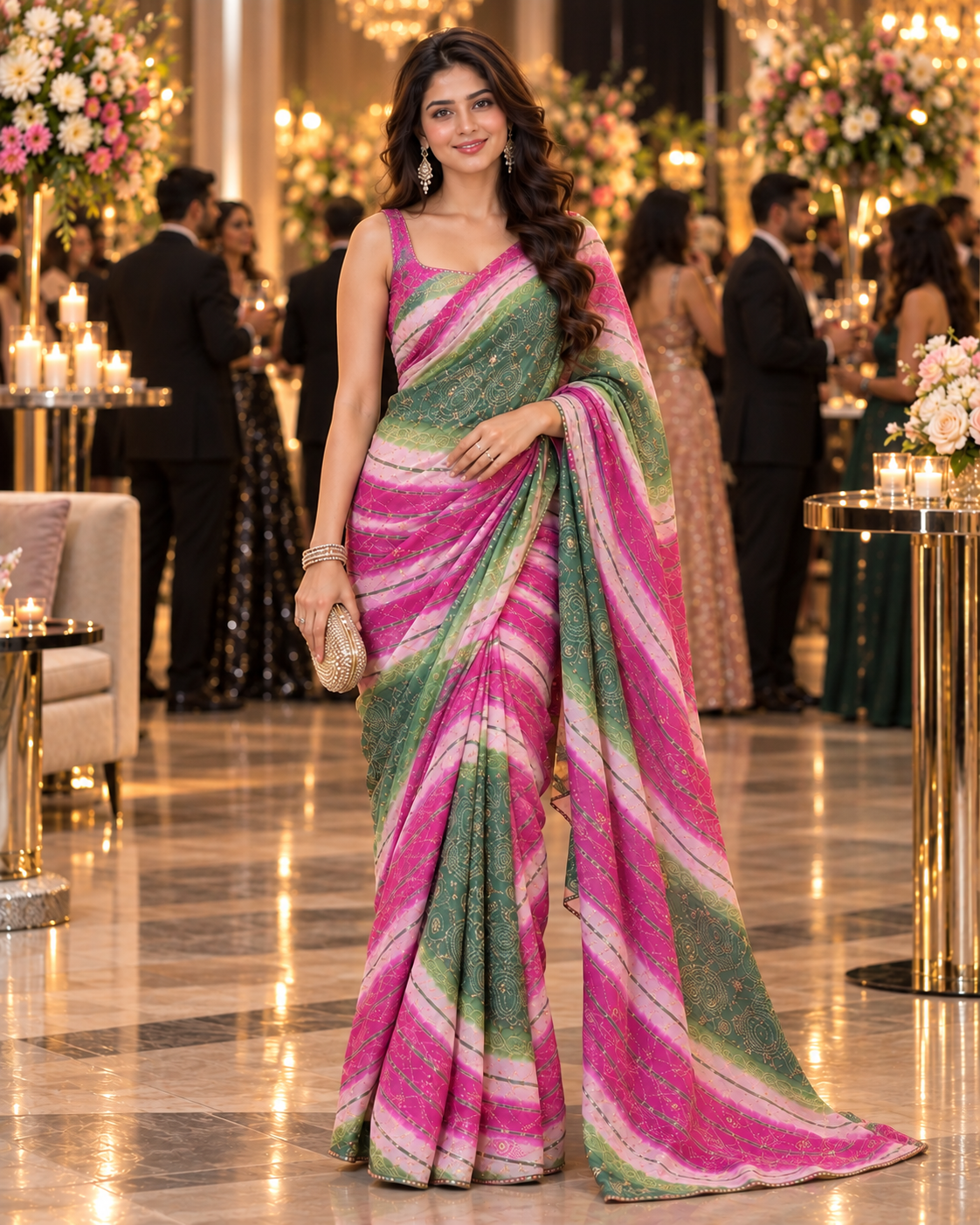 Premium Georgette Bandhani  Embroidery Zari Sequence Work Saree (Rani)