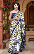 Mulmul Cotton Bagru Block Printed Saree With Unstitched Blouse(Green)