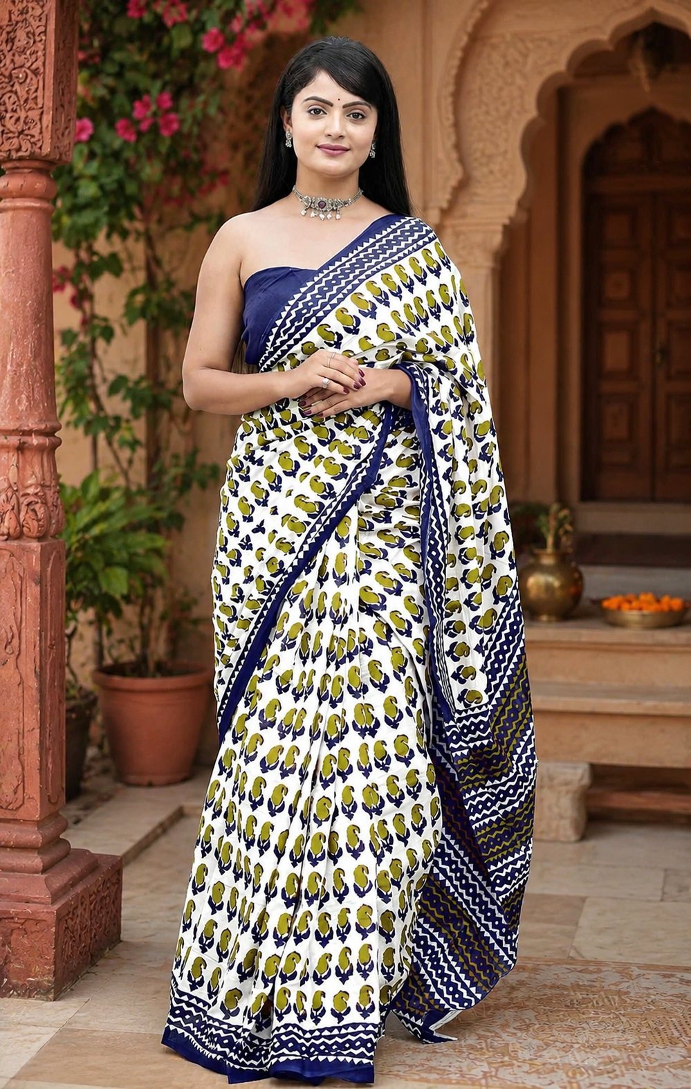 Mulmul Cotton Bagru Block Printed Saree With Unstitched Blouse(Green)