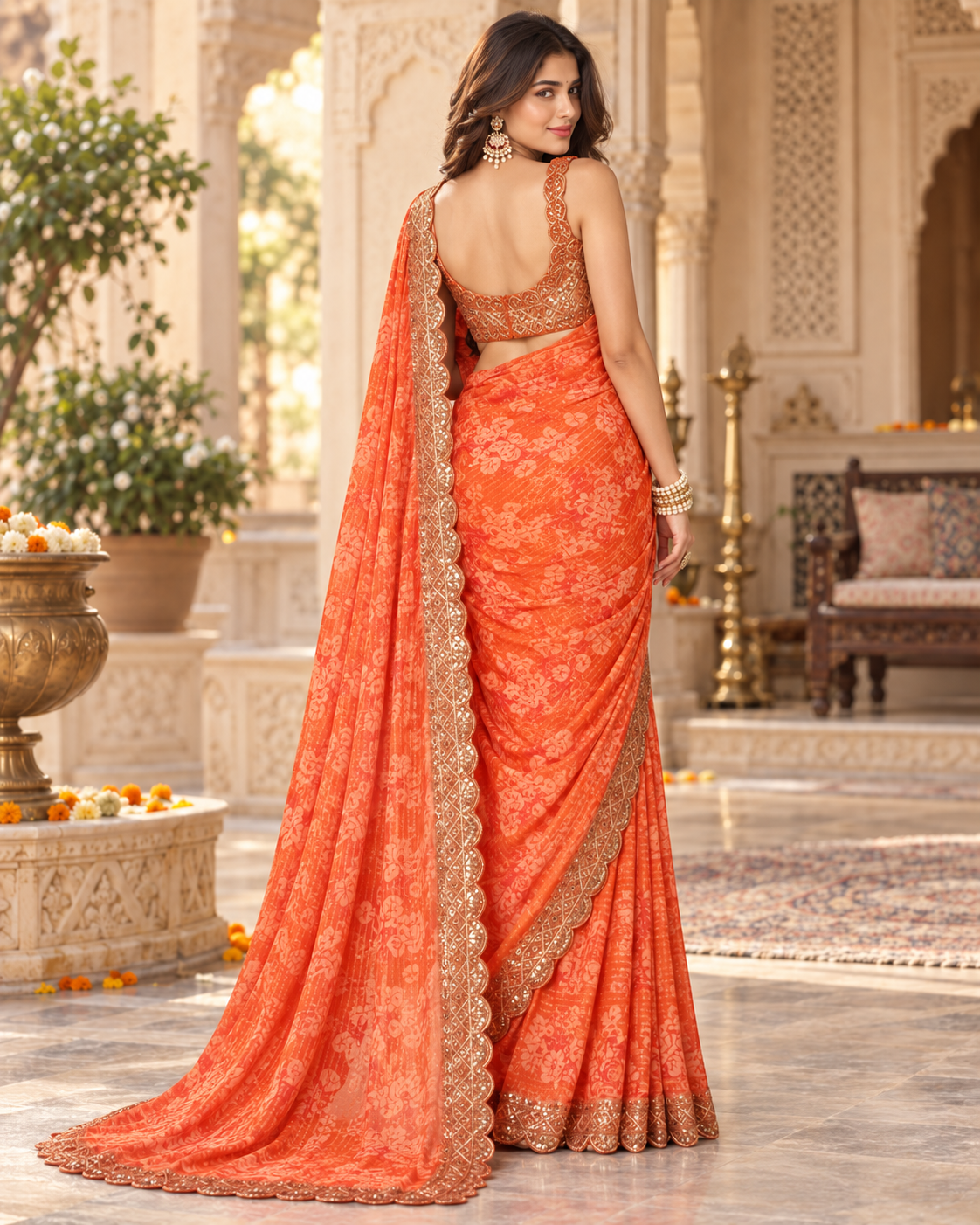 Organza Sequins Embroidery Work Saree With Unstitched Blouse(Orange)