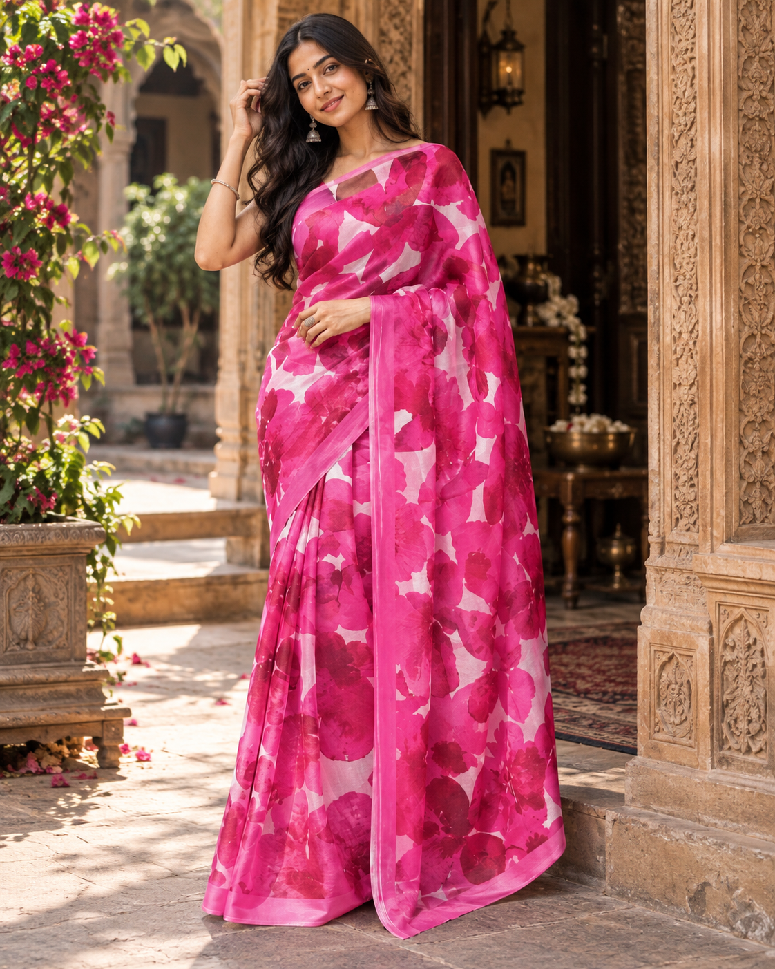 Georgette Floral Print Saree With Unstitched Blouse(Pink)