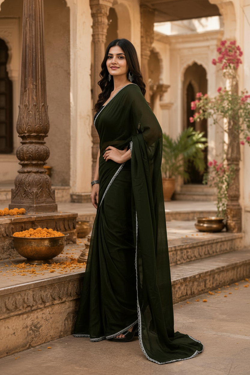 Star Georgette Ready To Wear Saree With Unstitched Blouse(Black)