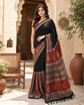 Premium Gajji Silk Ajrakh Printed Saree With Unstitched Blouse(Red)