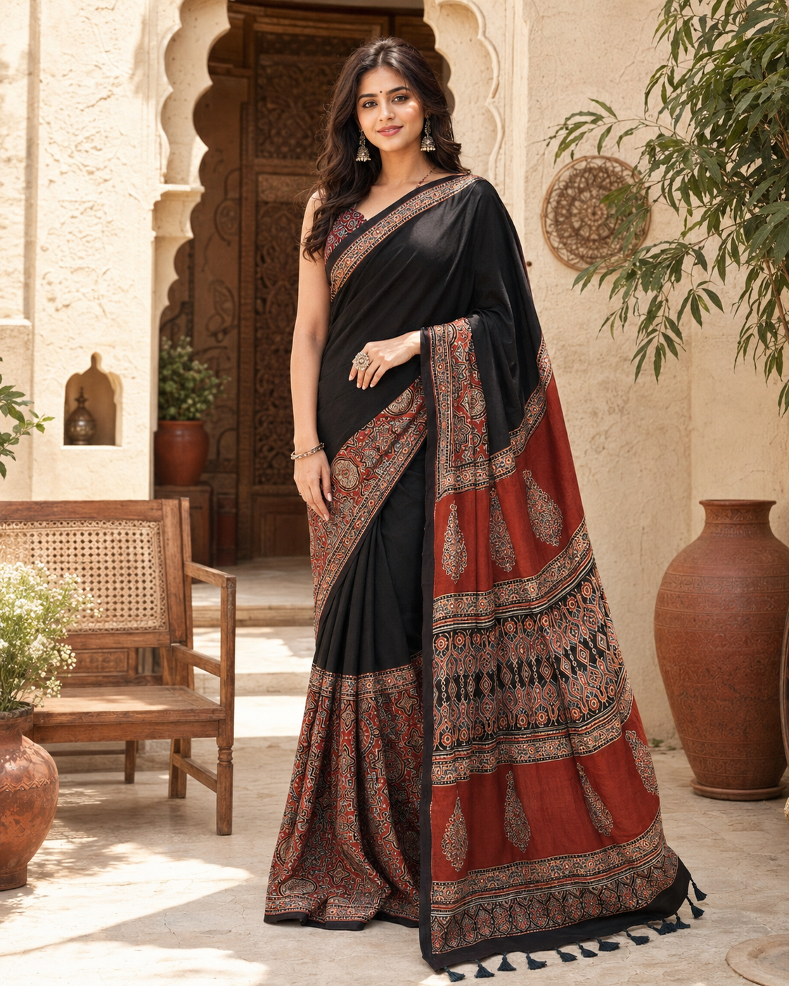 Premium Gajji Silk Ajrakh Printed Saree With Unstitched Blouse(Red)