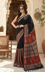 Premium Gajji Silk Ajrakh Printed Saree With Unstitched Blouse(Red)