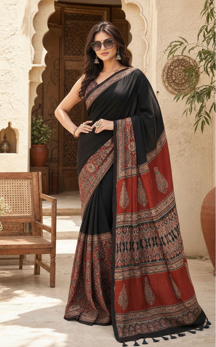 Premium Gajji Silk Ajrakh Printed Saree With Unstitched Blouse(Red)