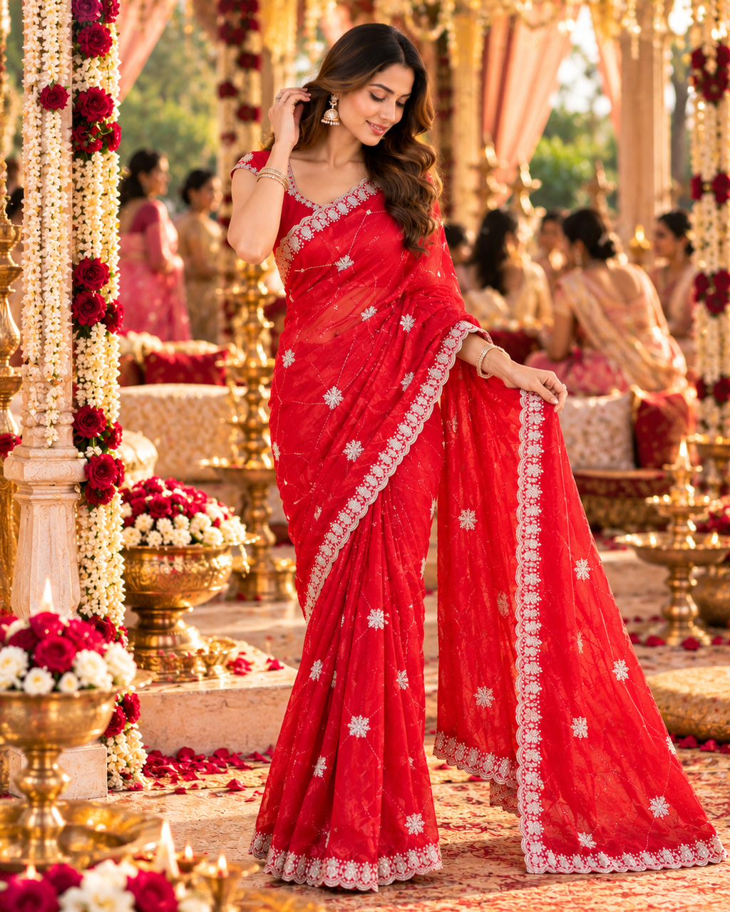 Pure Space Silk Embroidery Work Saree With Unstitched Blouse(Red)