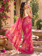 Organza Silk Printed Saree With Unstitched Blouse(Red)