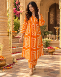 Rayon Kurti Pant Printed Set(Orange)