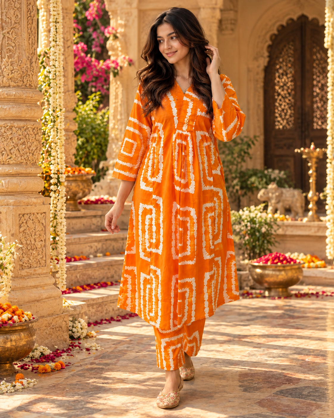 Rayon Kurti Pant Printed Set(Orange)