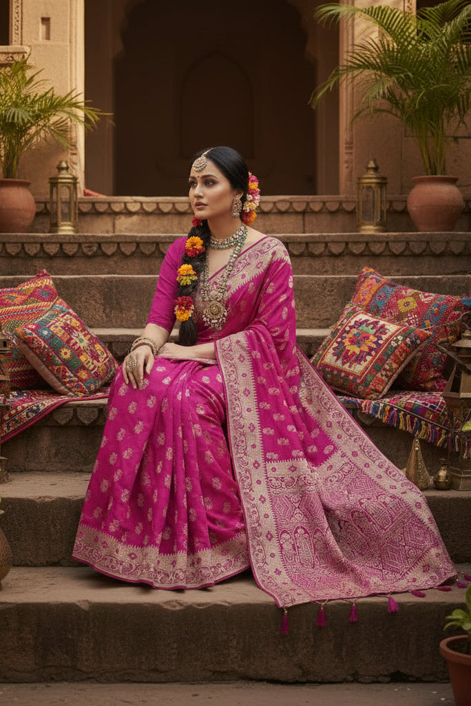 Women's Satin Printed Saree With Unstitched Blouse 5.5Mtr (Rani) Kashvii